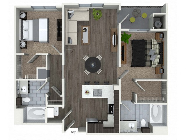 Floor plan for 2 beds, 2 baths, 1023 sqft
